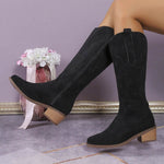 Women's Retro Pointed Toe Chunky Heel Solid Color Side Zipper Mid-calf Cowboy Boot - EX-STOCK Canada