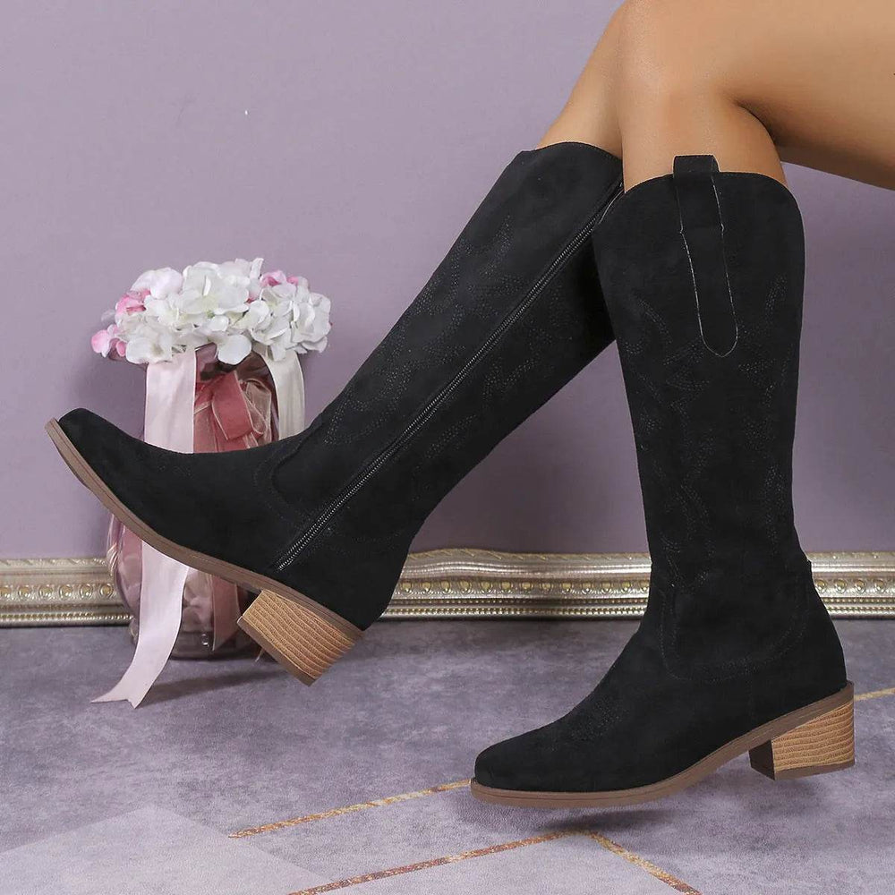 Women's Retro Pointed Toe Chunky Heel Solid Color Side Zipper Mid-calf Cowboy Boot - EX-STOCK Canada