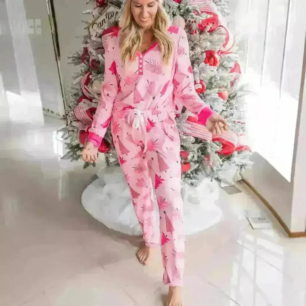 Christmas Pajamas Suit Christmas Tree Printed Long Sleeve Button Two-piece Set - EX-STOCK CANADA