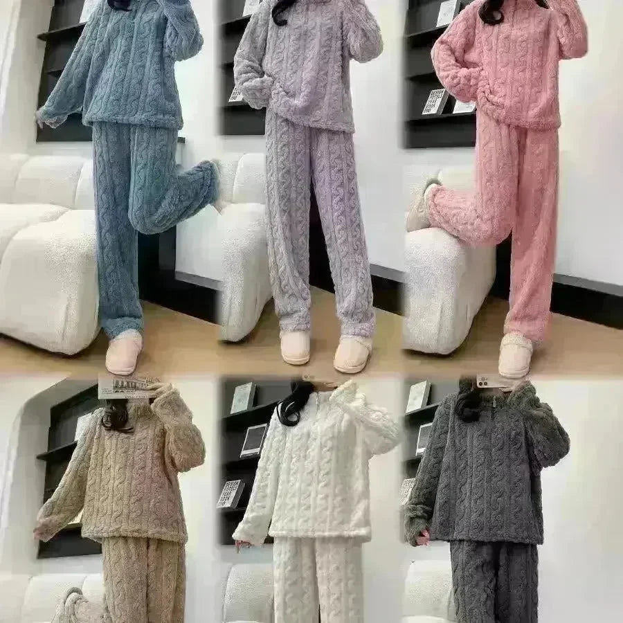 Autumn And Winter New Twist Zipper Couple Fleece-lined Thick Coral Fleece Pajamas Homewear Loungewear Sleepwear For Sleeping - EX-STOCK CANADA