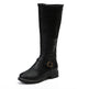Black knee-high boot with a buckle on a white background