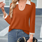 Casual Color Matching Lapel Long Sleeve Blouse Top Women - EX-STOCK CANADA