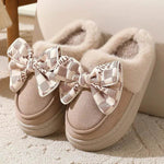 Cute Bowknot Plush Slipper Winter Warm Indoor Floor Bedroom Home Slippers For Women Fashion Thick-soled Solid House Shoes - EX-STOCK Canada