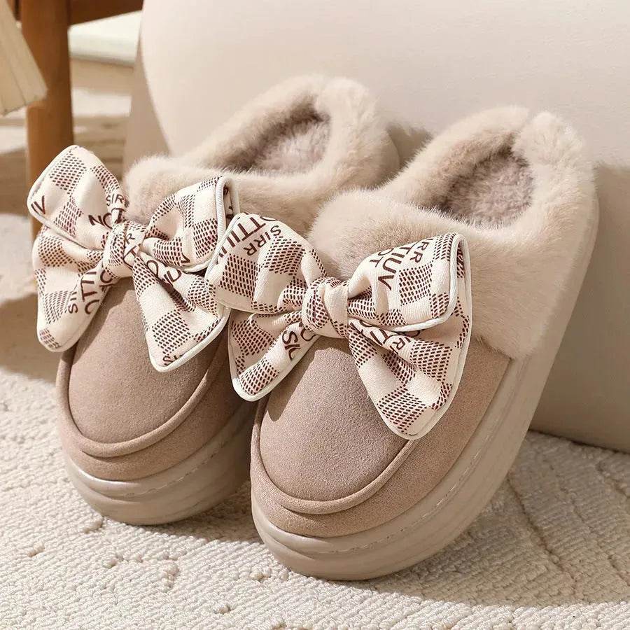 Cute Bowknot Plush Slipper Winter Warm Indoor Floor Bedroom Home Slippers For Women Fashion Thick-soled Solid House Shoes - EX-STOCK Canada