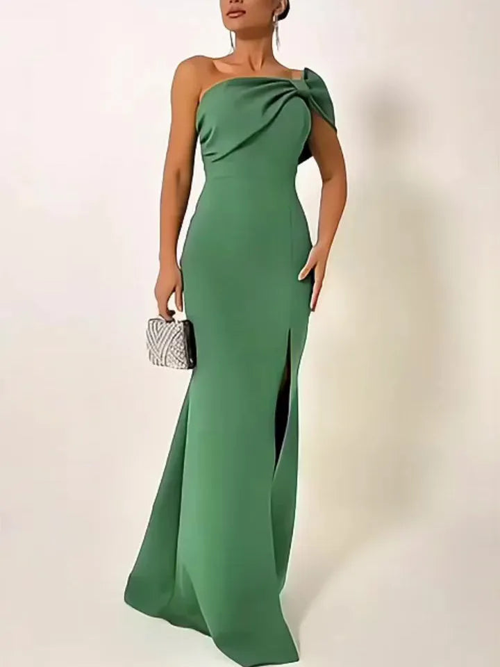 Bow tie One shoulder Green Evening Dress Slit Formal dress - EX-STOCK CANADA