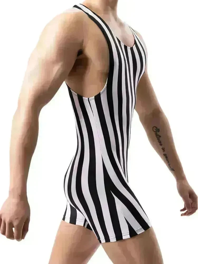 New Vertical Striped Pajamas Sports Swimming Brief Bodysuit for men - EX-STOCK CANADA