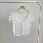 Women Summer Short Sleeve Ruffle Buttons Frilly Solid Color  tank Tops - EX-STOCK CANADA