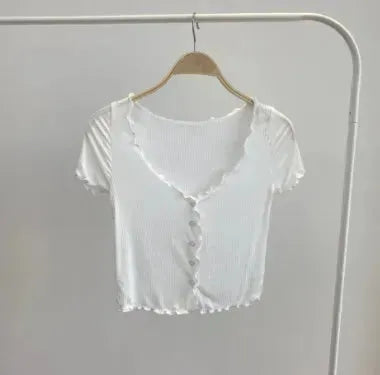 Women Summer Short Sleeve Ruffle Buttons Frilly Solid Color  tank Tops - EX-STOCK CANADA