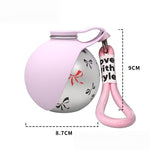 Pink ball-shaped product with a keychain and measurements on a white background