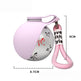 Pink ball-shaped product with a keychain and measurements on a white background