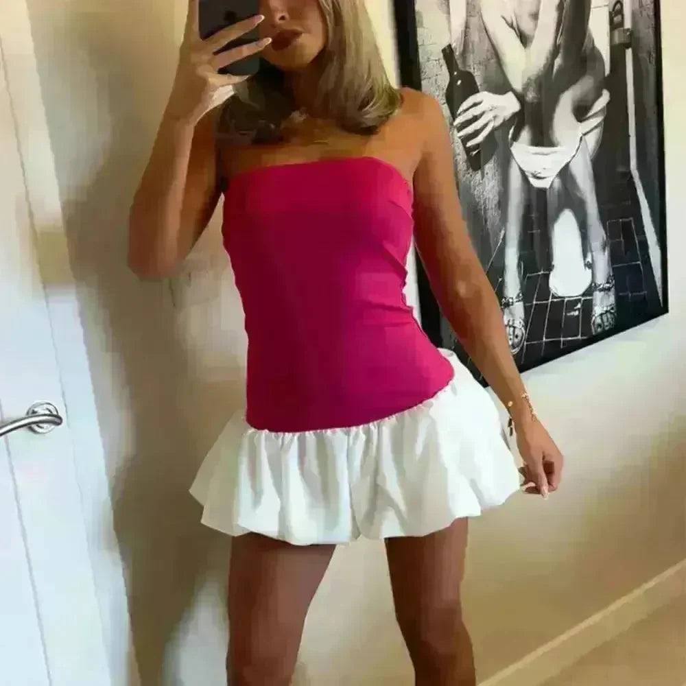 Chic Tube Top Dress Summer Solid Color Pleated Skirt Dress Women Fashion Short Mini Skater Dresses  Evening Party Cocktail Dress for Ladies - EX-STOCK CANADA