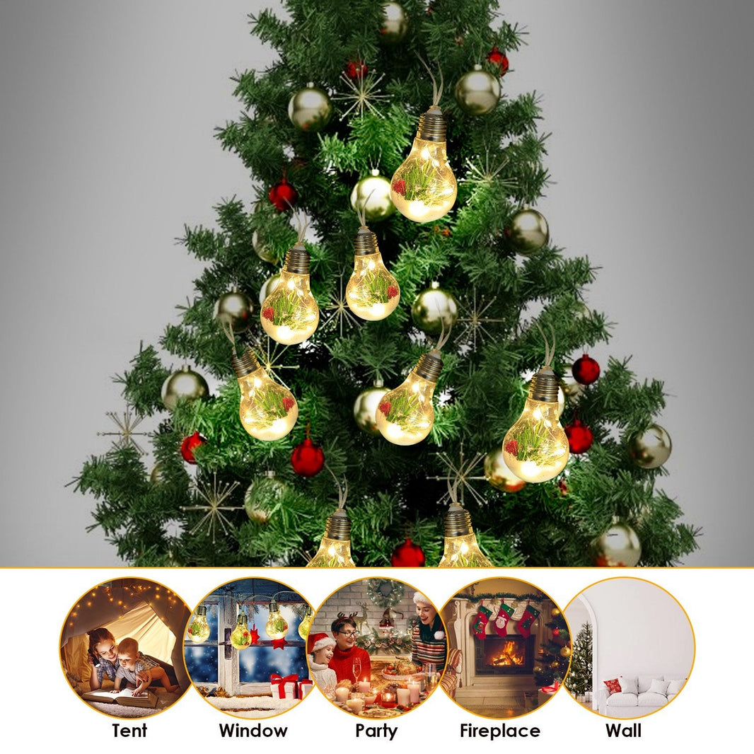 1Pc 13.78FT Christmas Snow Globe String Light Battery Powered 10 LED Bulbs Indoor Christmas Lights With Pine Needles Snowflakes Berries EX-STOCK