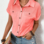 Lapel Shoulder Pleated Pocket Short Sleeve Top Shirt T-shirt Women - EX-STOCK Canada