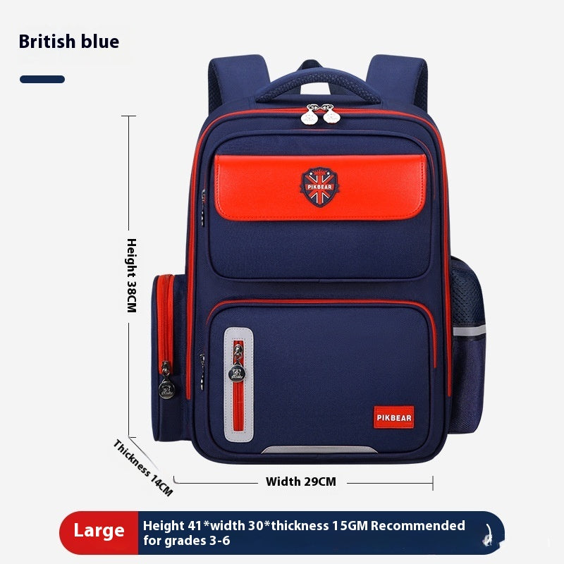 Navy blue and red backpack with measurements on a white background