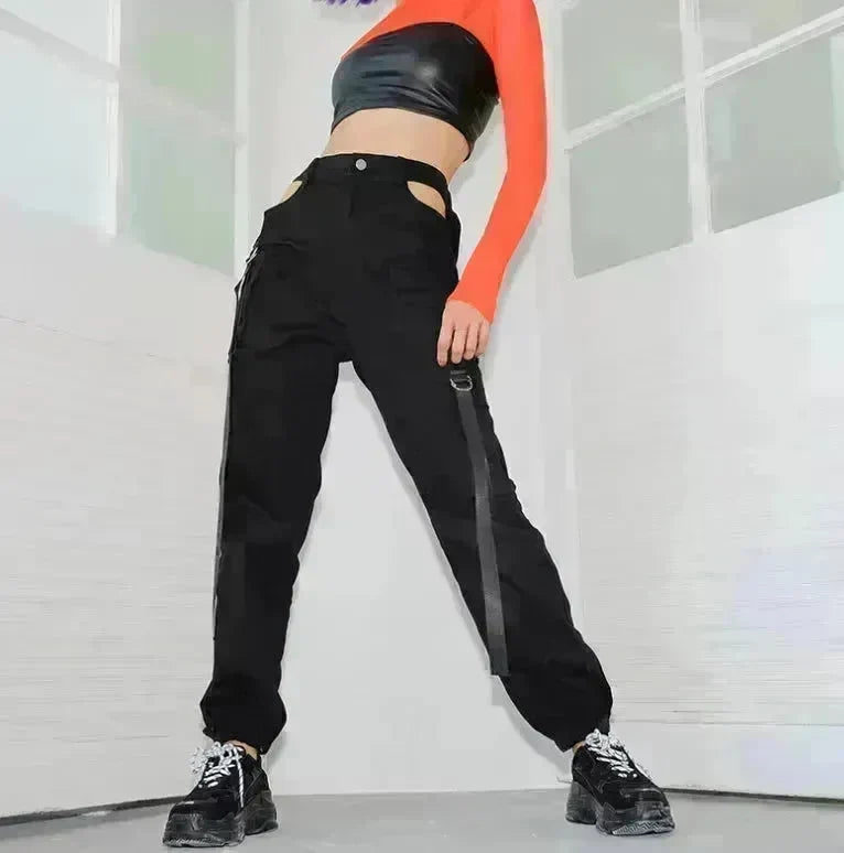 Women Black High Waist Pencil Pants Pockets Patckwork Hollow Out Pants Fashion Women Streetwear Cargo Pants Women Pants - EX-STOCK CANADA