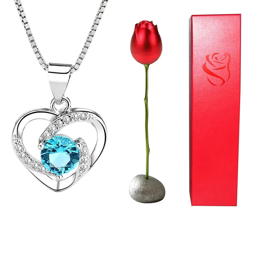 Valentines Day Gift Heart Shaped Blue Purple Crystal Diamond Pendant Rose Head Necklace - EX-STOCK CANADA