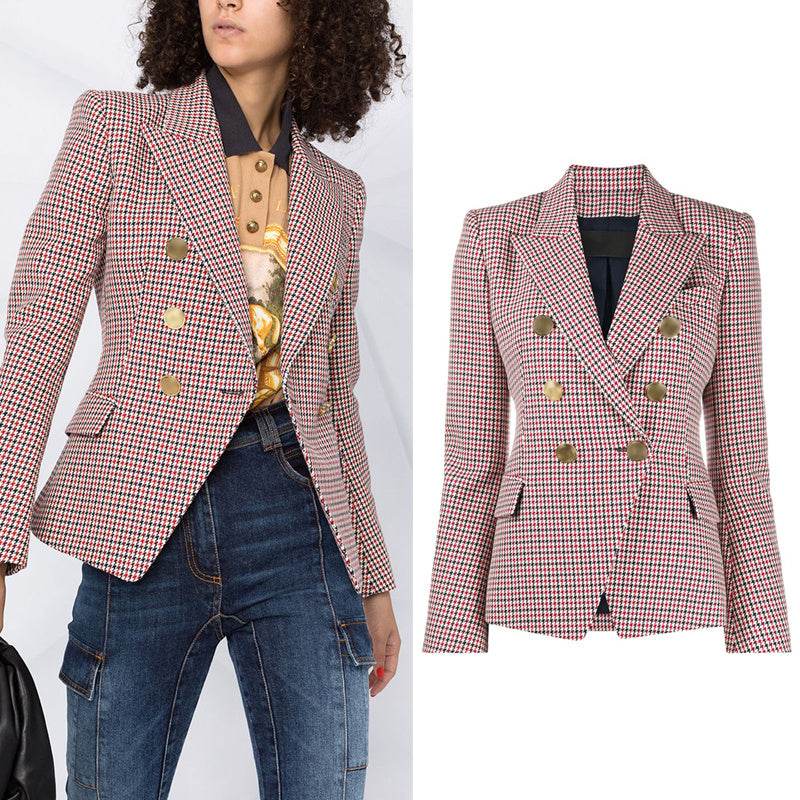 Houndstooth Small Jacket Women Long-Sleeved Double-Breasted Plaid Blazer - EX-STOCK Canada