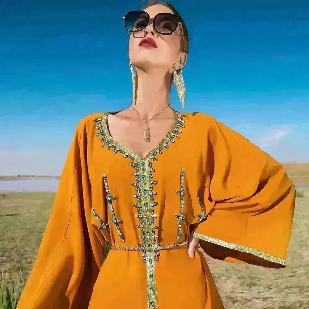 Luxury Hand-stitched Diamond Sleeve Dress Middle East Dubai Abaya Dress Fancy Summer Abaya Turkey Embellished Abaya dress - EX-STOCK CANADA