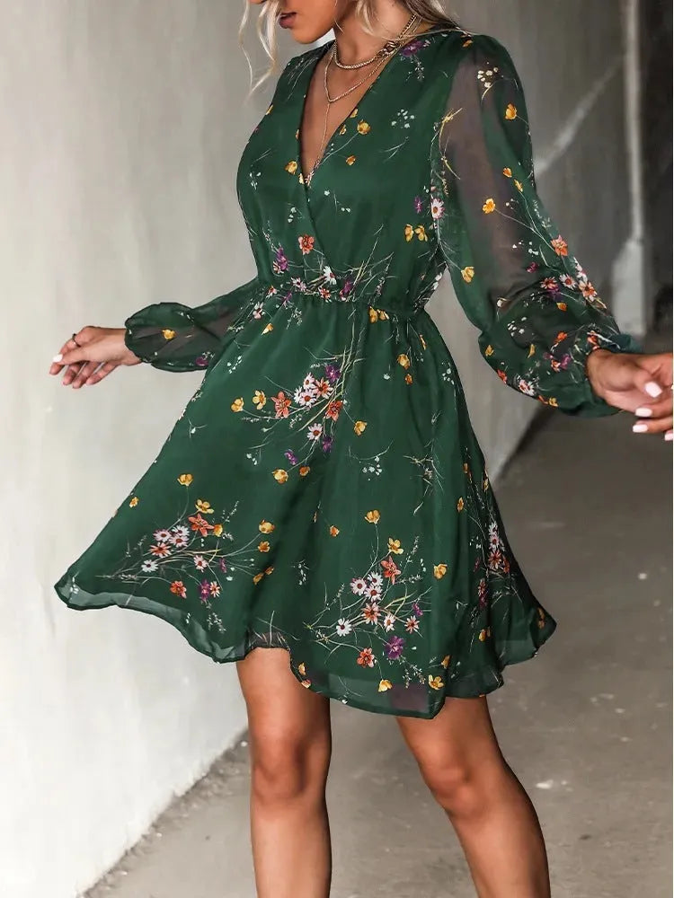 Casual V-neck Elegant Summer Spring Long Sleeve Chiffon Floral mini Dress - EX-STOCK CANADA