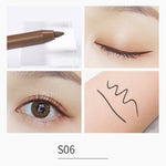 Eyebrow pencil with close-up shots of application on eyes and skin.