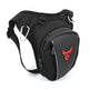 Black sling bag with a red logo on a white background