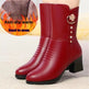 Red boots with decorative elements on a light background, featuring text about warmth and anti-slip properties.