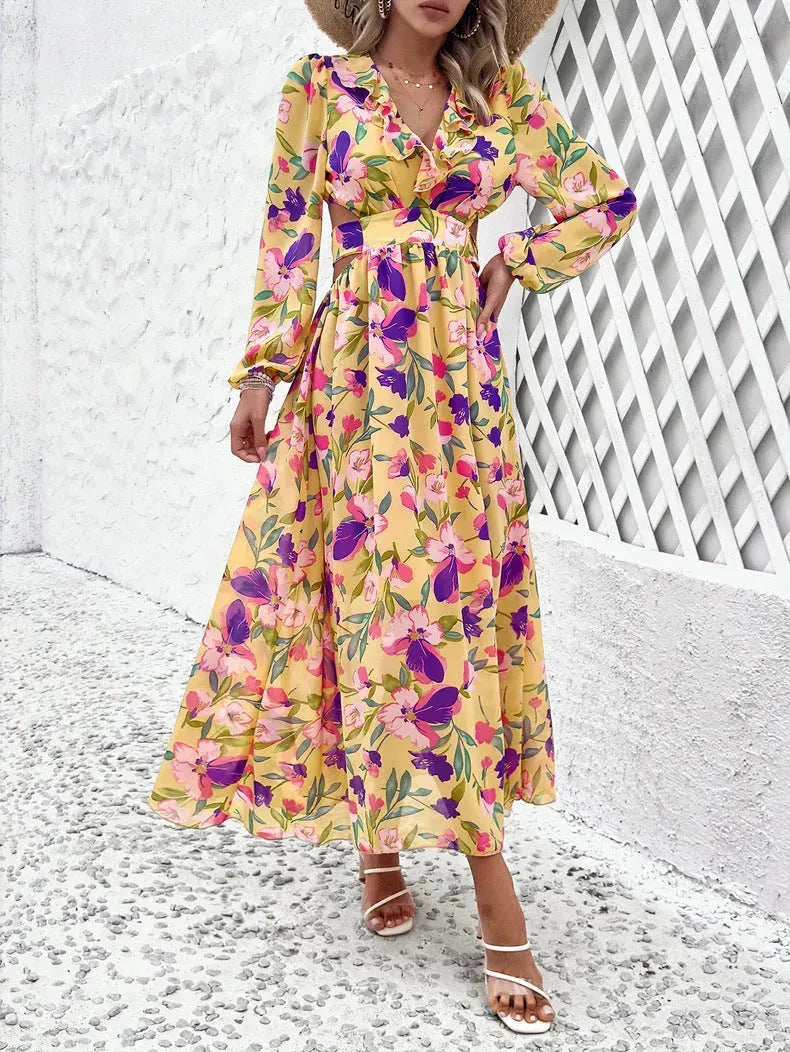 Fashion Florals Print Long Sleeve Dress Casual Holiday Tight-waisted V-neck Dresses Women Clothing - EX-STOCK CANADA