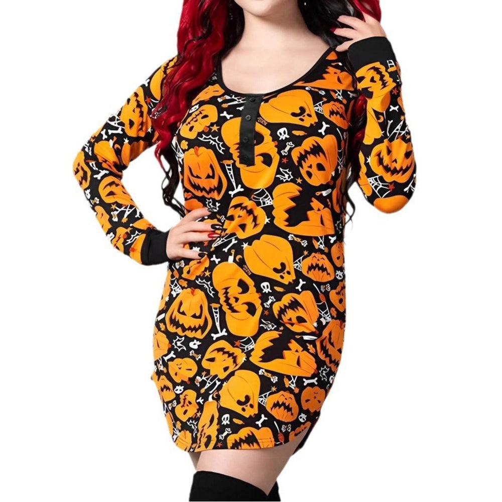 Halloween Printed Round Neck Long Sleeve Plus Size Dress - EX-STOCK Canada