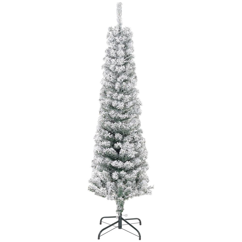 5ft Flocked Christmas Tree, Pencil Christmas Tree With Realistic Branch Tips, Folding Metal Stand, Green EX-STOCK Canada 