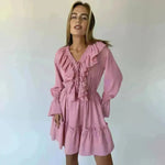 Casual Fashion V Neck Pleated Ruffle Long Sleeve Dress Y2K V Neck Flared Sleeve Short Mini Skater Dress Women's Clothing - EX-STOCK CANADA