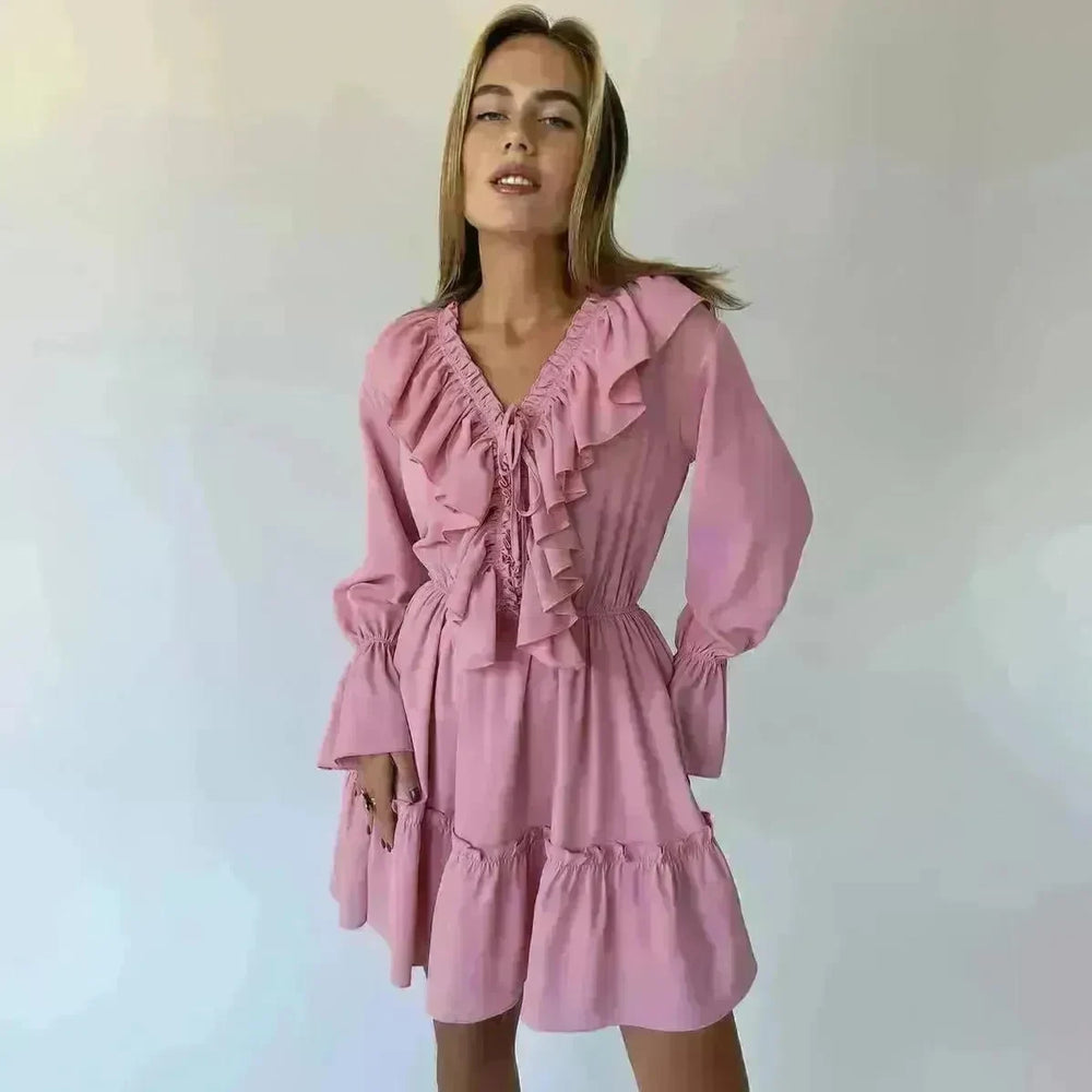 Casual Fashion V Neck Pleated Ruffle Long Sleeve Dress Y2K V Neck Flared Sleeve Short Mini Skater Dress Women's Clothing - EX-STOCK CANADA