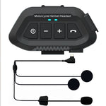 Black motorcycle helmet headset controller with three detachable microphone earpieces and cable, shown on a plain white background.