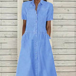 Women's European And American Lapel Casual loose button down Midi Denim jeans Mum Dress - EX-STOCK Canada