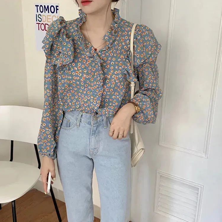 French Retro Floral Blouse Women Wood Ear blouse Women - EX-STOCK CANADA