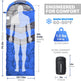 Blue and gray sleeping bag with dimensions and features displayed