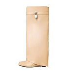 Beige knee-high boot with a silver buckle on a white background