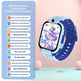 Children's smartwatch with blue strap on a light pink background, featuring a list of features on the left.