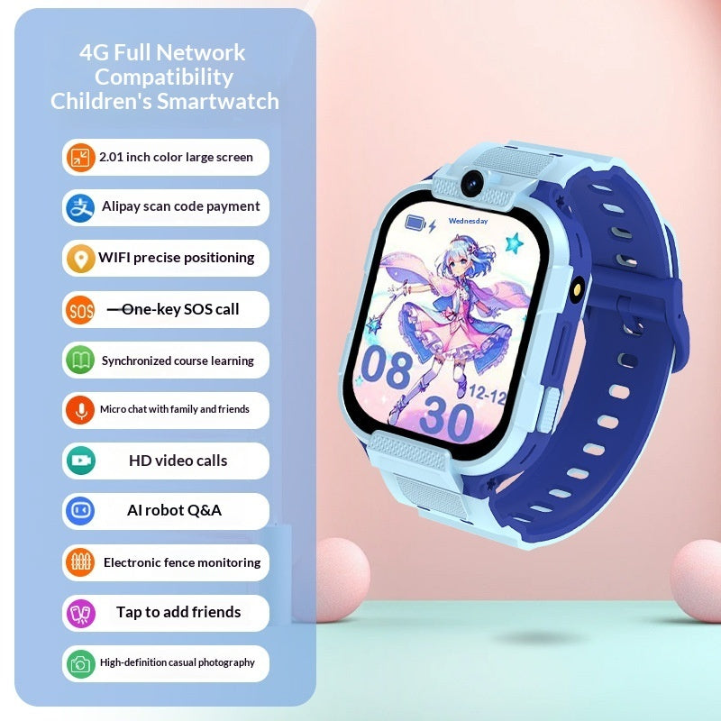 Children's smartwatch with blue strap on a light pink background, featuring a list of features on the left.