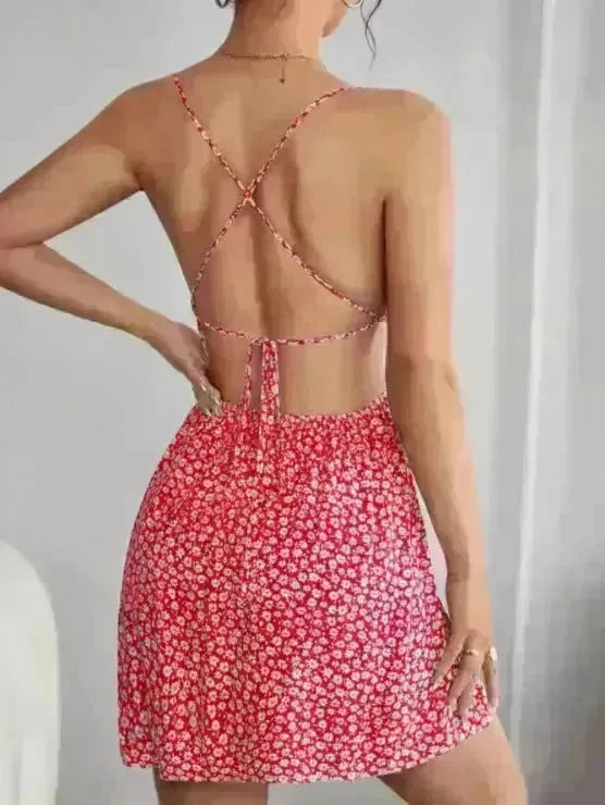 Women Fashion Printed Casual Spaghetti Strap Backless Mini Skater Dress - EX-STOCK CANADA