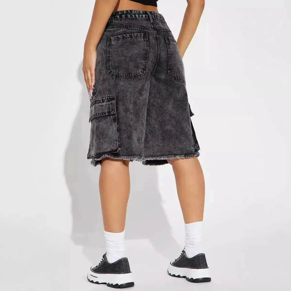 Fashion Street Washed Frayed Hem Women's Denim Straight Short Pants Black Jeans shorts for women - EX-STOCK Canada