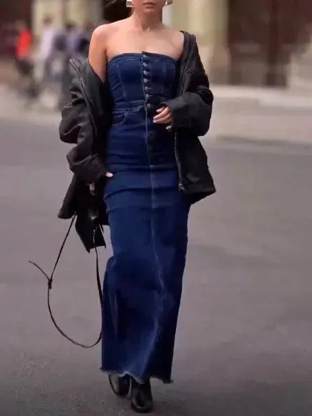 Strapless Button Denim Dress Tube top Long Jeans Dress - EX-STOCK CANADA