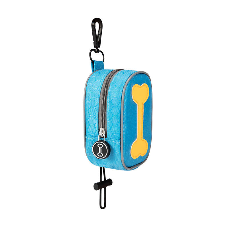 Blue pet waste bag dispenser with yellow bone design on a white background