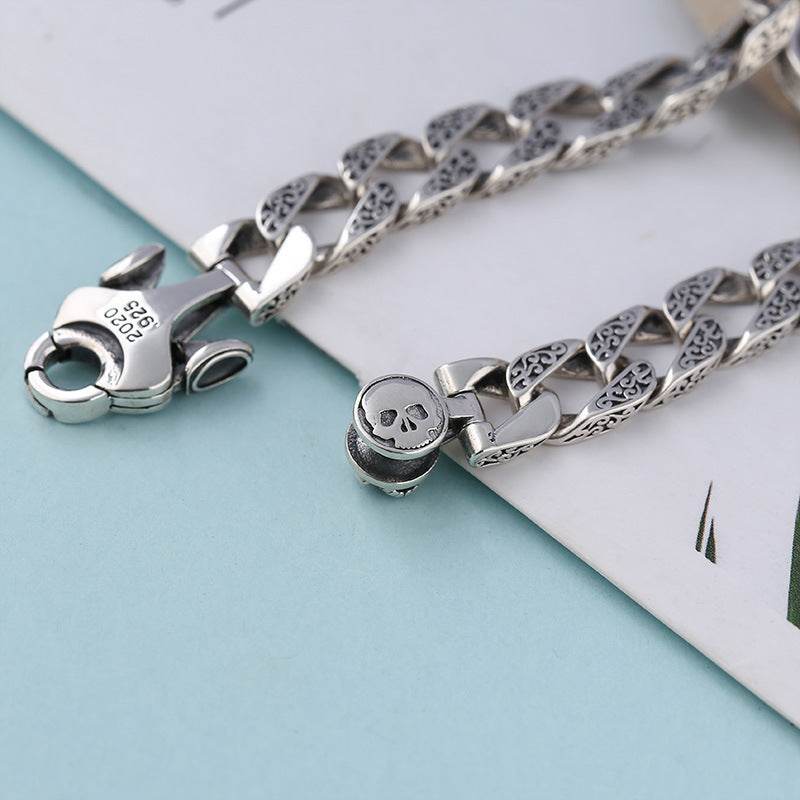 Sterling Silver Ornament Men's Trendy Rotating Skull Retro Fashion Tang Grass Pattern Bracelet EX-STOCK Canada 