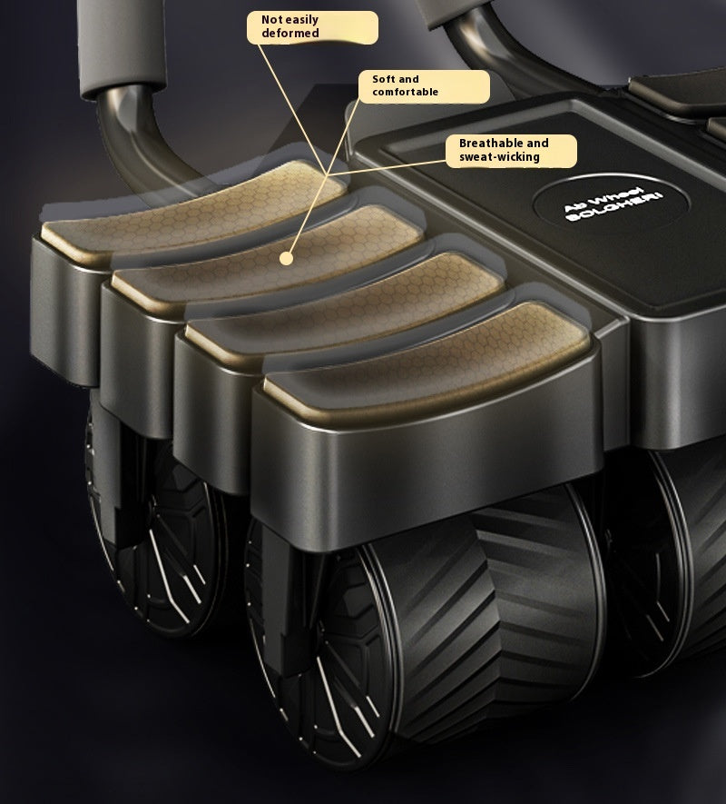 Close-up of a black wheeled exercise/abdominal roller with textured beige grip pads and callout labels pointing to durability, comfort, and breathability.