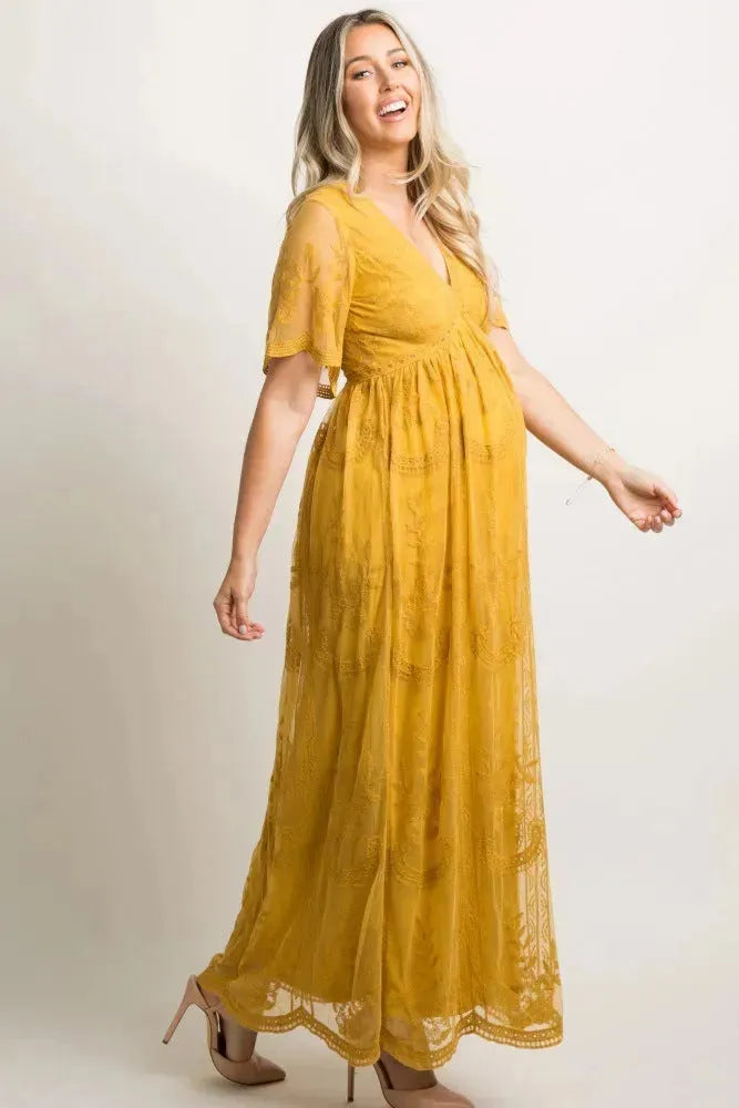 Maternity Dresses for Photo Shoot Summer V Neck White Lace Short Sleeve Pregnancy Dress Pregnant Women Photography Maxi Dress - EX-STOCK CANADA