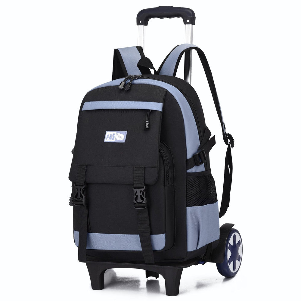 Black and gray backpack with wheels on a white background