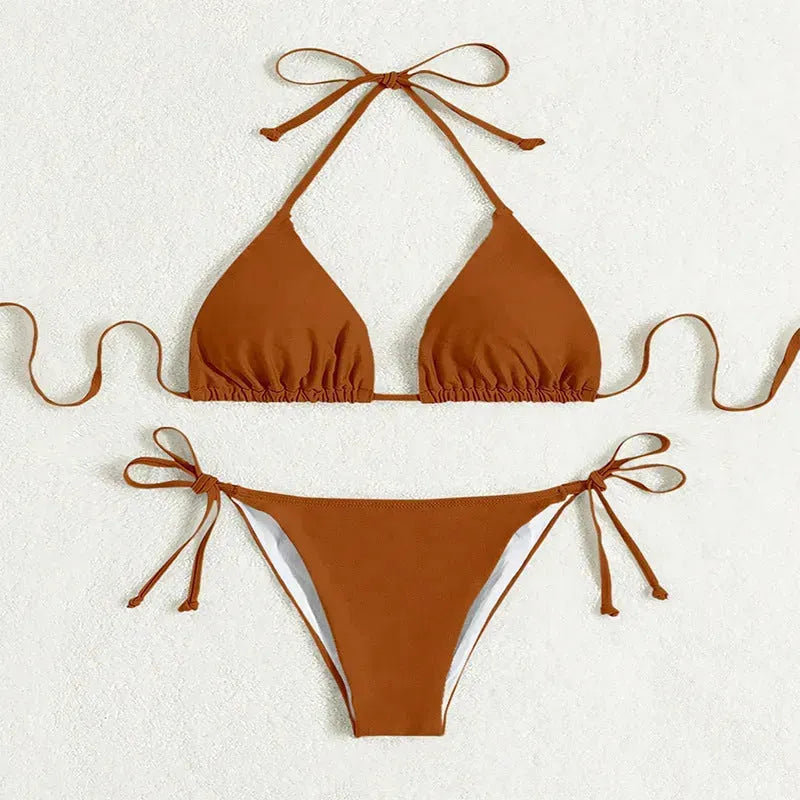 Pure Color Tied Halter Bikini Swimsuit - EX-STOCK CANADA