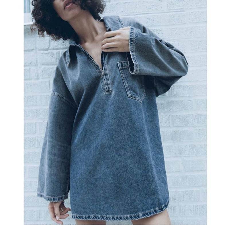 Lapel Patch Pocket Bell Sleeve Denim Dress - EX-STOCK Canada