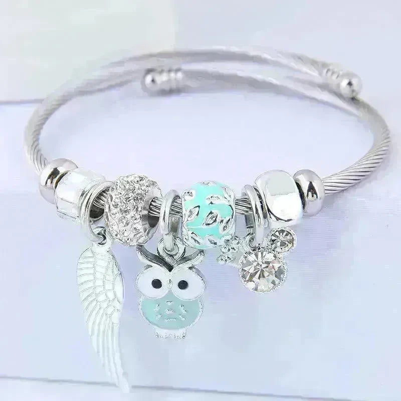DIY Beaded Owl Angel Wings Pendant Stainless Steel Bracelet - EX-STOCK CANADA