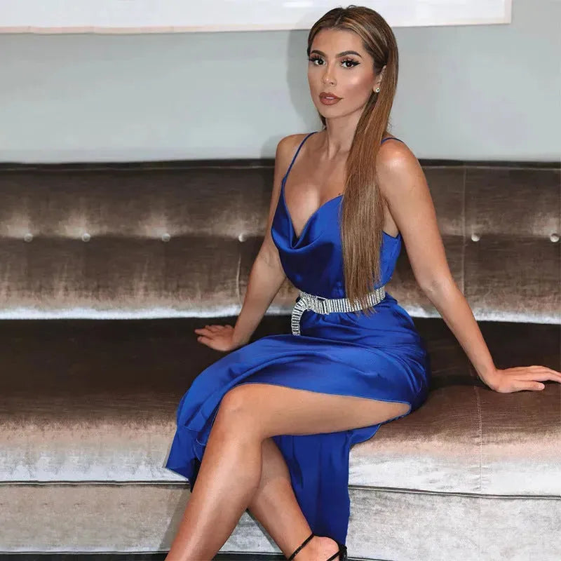 Women's Satin Drape Cowl Neck Sleeveless summer dress Strappy Cami Split Slit Party Midi Dress - EX-STOCK CANADA